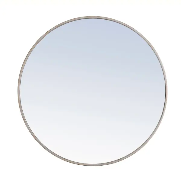 Enhance the appeal of your home or office with this contemporary mirror in Silver finish, slightly antiqued, featuring a thin rounded metal edges in a deep profile, reflecting a minimalist's design and trendy styling. To ensure your home safety, we use a metal hanger bar that are securely welded to the back of the metal frame. We recommend using suitable heavy duty picture/mirror hooks, selecting the best type of fixing for the particular wall you wish to hang the mirror on, using the appropriate rawl plug if required. Measurement: D32. Collection: Eternity Rooms: living Room, Office, Bedroom, entry way, bathroom Finish: Silver Width: 1.00" Height: 32.00" Length: 32.00" Weight: 18.00 lb Extension from Wall: 0.16" Material: iron,glass, wood Country of Origin: China Manufacturer Warranty: 1 year limited Spec Sheet
