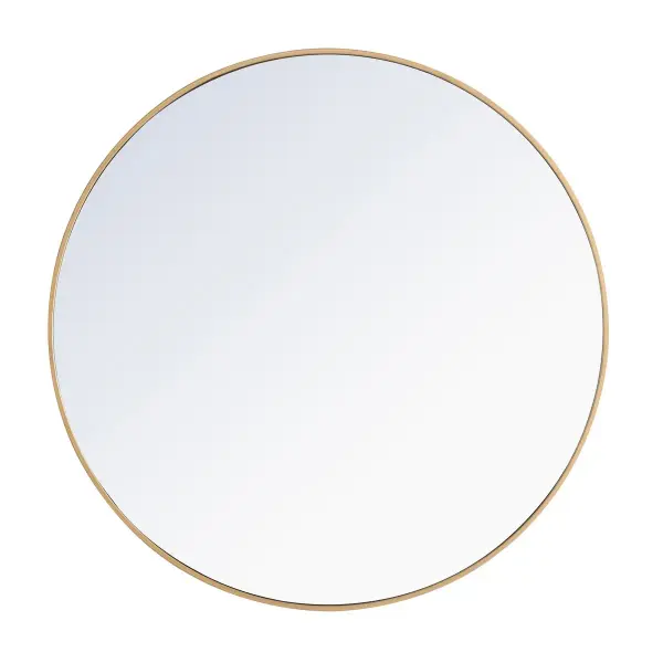 Enhance the appeal of your home or office with this contemporary mirror in brass finish featuring a thin rounded metal edges in a deep profile, reflecting a minimalist's design and trendy styling. To ensure your home safety, we use a metal hanger bar that are securely welded to the back of the metal frame. We recommend using suitable heavy duty picture/mirror hooks, selecting the best type of fixing for the particular wall you wish to hang the mirror on, using the appropriate rawl plug if required. Collection: Eternity Rooms: living Room, Office, Bedroom, entry way, bathroom Finish: Brass Width: 1.00" Height: 42.00" Length: 42.00" Weight: 31.00 lb Extension from Wall: 0.16" Material: iron,glass, wood Country of Origin: China Manufacturer Warranty: 1 year limited Spec Sheet