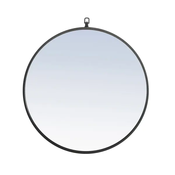 Enhance the appeal of your home or office with this black contemporary mirror featuring a thin rounded metal edges in a deep profile, reflecting a minimalist's design and trendy styling. To ensure your home safety, we use a metal hanger ring that are securely welded to the back of the metal frame , which sit on top of the frame for easy hanging. We recommend using suitable heavy duty picture/mirror hooks, selecting the best type of fixing for the particular wall you wish to hang the mirror on, using the appropriate rawl plug if required. Measurement: D24. Collection: Rowan Rooms: living Room, Office, Bedroom, entry way, bathroom Finish: Black Width: 1.00" Height: 24.00" Length: 24.00" Weight: 11.00 lb Extension from Wall: 0.16" Material: iron,glass, wood Country of Origin: China Manufacturer Warranty: 1 year limited Spec Sheet