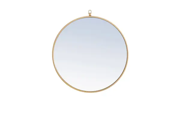 Enhance the appeal of your home or office with this contemporary mirror in brass finish featuring a thin rounded metal edges in a deep profile, reflecting a minimalist's design and trendy styling. To ensure your home safety, we use a metal hanger ring that are securely welded to the back of the metal frame , which sit on top of the frame for easy hanging. We recommend using suitable heavy duty picture/mirror hooks, selecting the best type of fixing for the particular wall you wish to hang the mirror on, using the appropriate rawl plug if required. Measurement: D24. Collection: Rowan Rooms: living Room, Office, Bedroom, entry way, bathroom Finish: Brass Width: 1.00" Height: 24.00" Length: 24.00" Weight: 11.00 lb Extension from Wall: 0.16" Material: iron,glass, wood Country of Origin: China Manufacturer Warranty: 1 year limited Spec Sheet