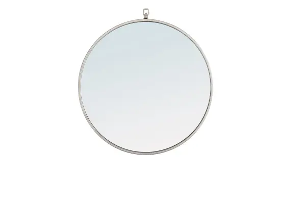 Enhance the appeal of your home or office with this contemporary mirror in silver finish, slightly antiqued, featuring a thin rounded metal edges in a deep profile, reflecting a minimalist's design and trendy styling. To ensure your home safety, we use a metal hanger ring that are securely welded to the back of the metal frame , which sit on top of the frame for easy hanging. We recommend using suitable heavy duty picture/mirror hooks, selecting the best type of fixing for the particular wall you wish to hang the mirror on, using the appropriate rawl plug if required. Measurement: D24. Collection: Rowan Rooms: living Room, Office, Bedroom, entry way, bathroom Finish: Silver Width: 1.00" Height: 24.00" Length: 24.00" Weight: 11.00 lb Extension from Wall: 0.16" Material: iron,glass, wood Country of Origin: China Manufacturer Warranty: 1 year limited Spec Sheet
