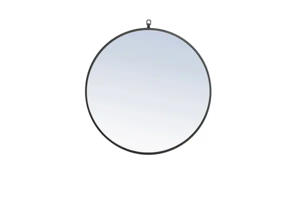 Enhance the appeal of your home or office with this contemporary black mirror featuring a thin rounded metal edges in a deep profile, reflecting a minimalist's design and trendy styling. To ensure your home safety, we use a metal hanger ring that are securely welded to the back of the metal frame , which sit on top of the frame for easy hanging. We recommend using suitable heavy duty picture/mirror hooks, selecting the best type of fixing for the particular wall you wish to hang the mirror on, using the appropriate rawl plug if required. Measurement: D28. Collection: Rowan Rooms: living Room, Office, Bedroom, entry way, bathroom Finish: Black Width: 1.00" Height: 28.00" Length: 28.00" Weight: 15.00 lb Extension from Wall: 0.16" Material: iron,glass, wood Country of Origin: China Manufacturer Warranty: 1 year limited Spec Sheet