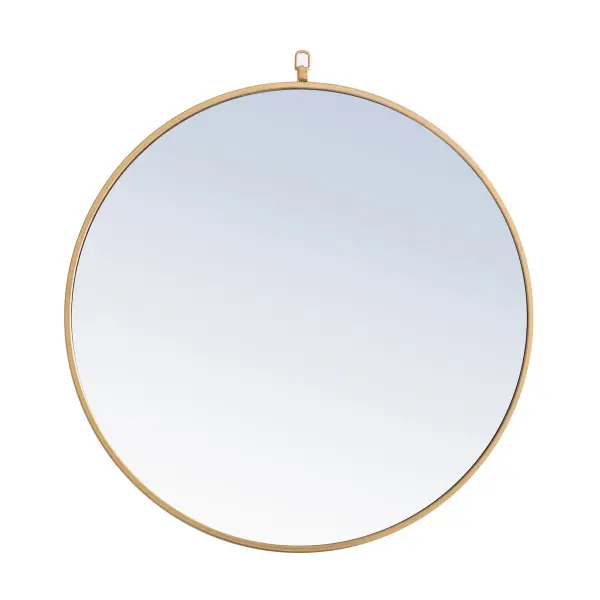 Enhance the appeal of your home or office with this contemporary mirror in brass finish featuring a thin rounded metal edges in a deep profile, reflecting a minimalist's design and trendy styling. To ensure your home safety, we use a metal hanger ring that are securely welded to the back of the metal frame , which sit on top of the frame for easy hanging. We recommend using suitable heavy duty picture/mirror hooks, selecting the best type of fixing for the particular wall you wish to hang the mirror on, using the appropriate rawl plug if required. Measurement: D28. Collection: Rowan Rooms: living Room, Office, Bedroom, entry way, bathroom Finish: Brass Width: 1.00" Height: 28.00" Length: 28.00" Weight: 15.00 lb Extension from Wall: 0.16" Material: iron,glass, wood Country of Origin: China Manufacturer Warranty: 1 year limited Spec Sheet