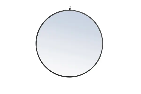 Enhance the appeal of your home or office with this contemporary black mirror featuring a thin rounded metal edges in a deep profile, reflecting a minimalist's design and trendy styling. To ensure your home safety, we use a metal hanger ring that are securely welded to the back of the metal frame , which sit on top of the frame for easy hanging. We recommend using suitable heavy duty picture/mirror hooks, selecting the best type of fixing for the particular wall you wish to hang the mirror on, using the appropriate rawl plug if required. Measurement: D32. Collection: Rowan Rooms: living Room, Office, Bedroom, entry way, bathroom Finish: Black Width: 1.00" Height: 32.00" Length: 32.00" Weight: 18.00 lb Extension from Wall: 0.16" Material: iron,glass, wood Country of Origin: China Manufacturer Warranty: 1 year limited Spec Sheet