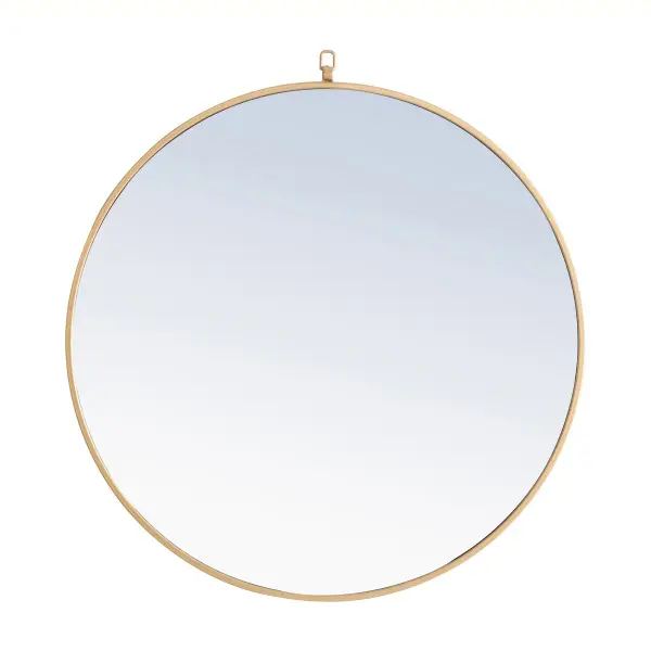 Enhance the appeal of your home or office with this contemporary mirror in brass finish featuring a thin rounded metal edges in a deep profile, reflecting a minimalist's design and trendy styling. To ensure your home safety, we use a metal hanger ring that are securely welded to the back of the metal frame , which sit on top of the frame for easy hanging. We recommend using suitable heavy duty picture/mirror hooks, selecting the best type of fixing for the particular wall you wish to hang the mirror on, using the appropriate rawl plug if required. Measurement: D32. Collection: Rowan Rooms: living Room, Office, Bedroom, entry way, bathroom Finish: Brass Width: 1.00" Height: 32.00" Length: 32.00" Weight: 18.00 lb Extension from Wall: 0.16" Material: iron,glass, wood Country of Origin: China Manufacturer Warranty: 1 year limited Spec Sheet