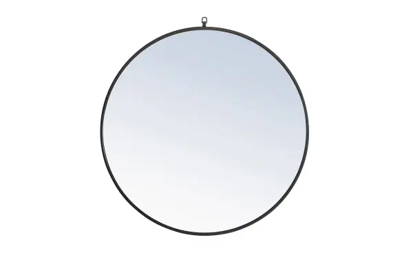 Enhance the appeal of your home or office with this contemporary black mirror featuring a thin rounded metal edges in a deep profile, reflecting a minimalist's design and trendy styling. To ensure your home safety, we use a metal hanger ring that are securely welded to the back of the metal frame , which sit on top of the frame for easy hanging. We recommend using suitable heavy duty picture/mirror hooks, selecting the best type of fixing for the particular wall you wish to hang the mirror on, using the appropriate rawl plug if required. Measurement: D36. Collection: Rowan Rooms: living Room, Office, Bedroom, entry way, bathroom Finish: Black Width: 1.00" Height: 36.00" Length: 36.00" Weight: 23.00 lb Extension from Wall: 0.16" Material: iron,glass, wood Country of Origin: China Manufacturer Warranty: 1 year limited Spec Sheet