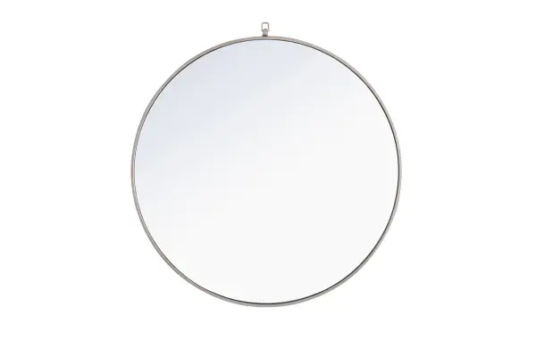 Enhance the appeal of your home or office with this contemporary mirror in silver finish, slightly antiqued, featuring a thin rounded metal edges in a deep profile, reflecting a minimalist's design and trendy styling. To ensure your home safety, we use a metal hanger ring that are securely welded to the back of the metal frame , which sit on top of the frame for easy hanging. We recommend using suitable heavy duty picture/mirror hooks, selecting the best type of fixing for the particular wall you wish to hang the mirror on, using the appropriate rawl plug if required. Measurement: D36. Collection: Rowan Rooms: living Room, Office, Bedroom, entry way, bathroom Finish: Silver Width: 1.00" Height: 36.00" Length: 36.00" Weight: 23.00 lb Extension from Wall: 0.16" Material: iron,glass, wood Country of Origin: China Manufacturer Warranty: 1 year limited Spec Sheet