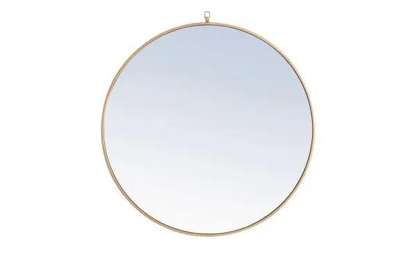Enhance the appeal of your home or office with this contemporary mirror in brass finish featuring a thin rounded metal edges in a deep profile, reflecting a minimalist's design and trendy styling. To ensure your home safety, we use a metal hanger ring that are securely welded to the back of the metal frame , which sit on top of the frame for easy hanging. We recommend using suitable heavy duty picture/mirror hooks, selecting the best type of fixing for the particular wall you wish to hang the mirror on, using the appropriate rawl plug if required. Collection: Rowan Rooms: living Room, Office, Bedroom, entry way, bathroom Finish: Brass Width: 1.00" Height: 42.00" Length: 42.00" Weight: 31.00 lb Extension from Wall: 0.16" Material: iron,glass, wood Country of Origin: China Manufacturer Warranty: 1 year limited Spec Sheet