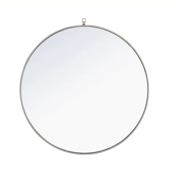 Enhance the appeal of your home or office with this contemporary mirror in silver finish, slightly antiqued, featuring a thin rounded metal edges in a deep profile, reflecting a minimalist's design and trendy styling. To ensure your home safety, we use a metal hanger ring that are securely welded to the back of the metal frame , which sit on top of the frame for easy hanging. We recommend using suitable heavy duty picture/mirror hooks, selecting the best type of fixing for the particular wall you wish to hang the mirror on, using the appropriate rawl plug if required. Collection: Rowan Rooms: living Room, Office, Bedroom, entry way, bathroom Finish: Silver Width: 1.00" Height: 42.00" Length: 42.00" Weight: 31.00 lb Extension from Wall: 0.16" Material: iron,glass, wood Country of Origin: China Manufacturer Warranty: 1 year limited Spec Sheet
