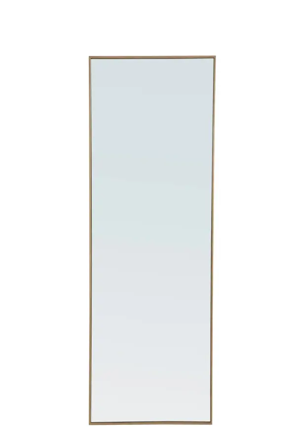 The classic clean and straight lines of this rectangular mirror provide you with a timeless and elegant look to accent any room or hallway in your home or office, featuring an ultra-thin brass metal frame in deep profile, refecting a minimalist's design and industrial styling. To ensure your home safety, we uses metal hanger bar that are securely welded to the back of the metal frame. We recommend using suitable heavy duty picture/mirror hooks, selecting the best type of fixing for the particular wall you wish to hang the mirror on, using the appropriate rawl plug if required. Measurement: 18x60, hang vertical or horizontal. Collection: Monet Rooms: living Room, Office, Bedroom, entry way, bathroom Finish: Brass Width: 1.00" Height: 60.00" Length: 18.00" Weight: 23.00 lb Extension from Wall: 0.16" Material: iron,glass, wood Country of Origin: China Manufacturer Warranty: 1 year limited Spec Sheet