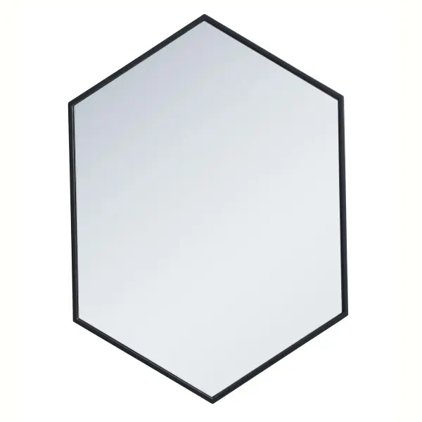 Add a bit of visual fun to your home with this playful hexagonal-shaped mirror. Its stylish personality will mingle with your décor and create a mesmerizing display of contemporary excitement. The clear mirror opens the visual space of your room, while the slender metal frame adds subtle color. Available in a black, brass or Silver finish and comes in a variety of sizes--it's the perfect mirror for any sized home. Collection: Decker Rooms: living room, dining room, bedroom, bathroom, foyer Finish: Black Width: 1.00" Height: 34.00" Length: 24.00" Weight: 11.00 lb Extension from Wall: 0.16" Material: iron, glass, wood Country of Origin: China Manufacturer Warranty: 1 year limited Spec Sheet