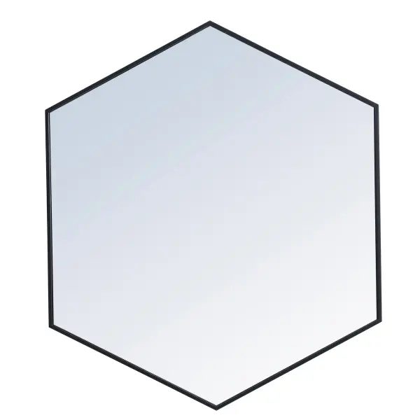 Add a bit of visual fun to your home with this playful hexagonal-shaped mirror. Its stylish personality will mingle with your décor and create a mesmerizing display of contemporary excitement. The clear mirror opens the visual space of your room, while the slender metal frame adds subtle color. Available in a black, brass or Silver finish and comes in a variety of sizes--it's the perfect mirror for any sized home. Collection: Decker Rooms: living room, dining room, bedroom, bathroom, foyer Finish: Black Width: 1.00" Height: 35.00" Length: 41.00" Weight: 24.00 lb Extension from Wall: 0.16" Material: iron, glass, wood Country of Origin: China Manufacturer Warranty: 1 year limited Spec Sheet