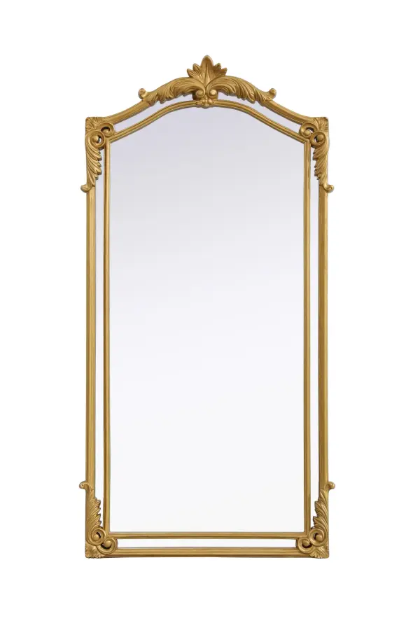 Bring the charm of a bygone era into your home with this ornate gold mirror, a true reflection of craftsmanship and timeless design. Featuring a hand-painted gold leaf finish, this mirror radiates warmth and sophistication, accentuating its intricate scrollwork and sculpted flourishes. Crafted from resin and MDF, the frame boasts ornamental detailing, reminiscent of European baroque and rococo influences. Designed for both practicality and artistry, this mirror comes with two inset metal hangers, making it easy to mount securely on any wall. Available in multiple sizes, it adapts effortlessly to different spaces—whether as a grand statement in an entryway, a luxurious focal point in a living room, or an ornate touch above a dressing table or fireplace. The gold leaf finish gives this mirror an antique-inspired glow, making it a perfect complement to traditional, vintage, and even eclectic interiors. Whether you're curating a Parisian-inspired bedroom or enhancing a classic hallway, this mirror brings a sense of grandeur and refinement to any setting. Collection: Madeline Rooms: Bathroom Finish: gold leaf Width: 33.50" Height: 66.00" Weight: 46.00 lb Extension from Wall: 2.40" Material: Resin and MDF Country of Origin: Vietnam Safety Rating: Dry Manufacturer Warranty: 1 year limited