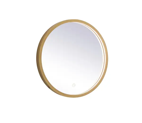 A modern 18-inch square LED mirror with brass frame offering three color temperatures (warm/cool/daylight) via touch sensor. The dimmable LED strip provides soft ambient lighting perfect for vanity applications. Hardwired installation with vertical or horizontal mounting flexibility.