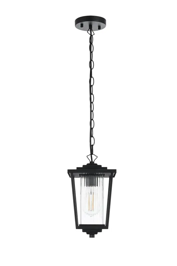 Dimensions
Chain/Rod Length: 39"
Length: 6.5"
Width: 6.5"
Height: 12.5"
Maximum Height: 51.5"
Wire Length: 59"
Specifications
Assembly Required: Yes
Bulb Included: No
Crystal/Glass Color: Clear
Dimmable: Yes
Distressed Finish: no
Dry/Wet/Damp: WET
ETL: Yes
Finish (Color): Black
Fixture Material: Iron and Glass
Hanging Device: Chain
Hardware Finish: Black
Harware Material: Iron
Max/Nominal Watt: 60W
Number of Lights: 1
Product Type: Outdoor Lighting
Product Warranty: 1 year limited
Socket Type: E26
Voltage: 110V
Wattage/Bulb: 60W
Weight: 4
Wire Included: Yes
Shipment type: Small Parcel