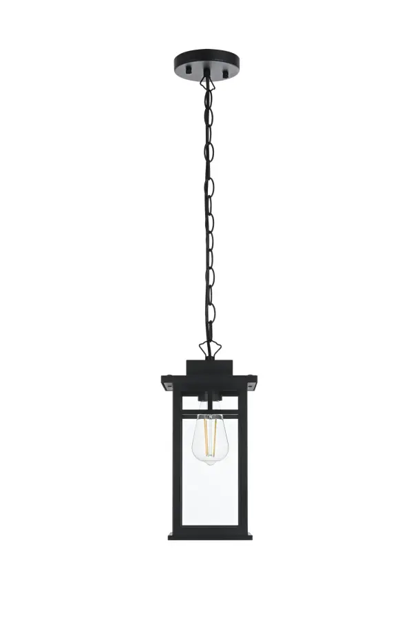 Dimensions
Chain/Rod Length: 39"
Length: 6.5"
Width: 6.5"
Height: 13.5"
Maximum Height: 53"
Wire Length: 59"
Specifications
Assembly Required: Yes
Bulb Included: No
Crystal/Glass Color: Clear
Dimmable: Yes
Distressed Finish: no
Dry/Wet/Damp: WET
ETL: Yes
Finish (Color): Black
Fixture Material: Iron and Glass
Hanging Device: Chain
Hardware Finish: Black
Harware Material: Iron
Max/Nominal Watt: 60W
Number of Lights: 1
Product Shape: Rectangle
Product Type: Outdoor Lighting
Product Warranty: 1 year limited
Socket Type: E26
Voltage: 110V
Wattage/Bulb: 60W
Weight: 5
Wire Included: Yes
Shipment type: Small Parcel