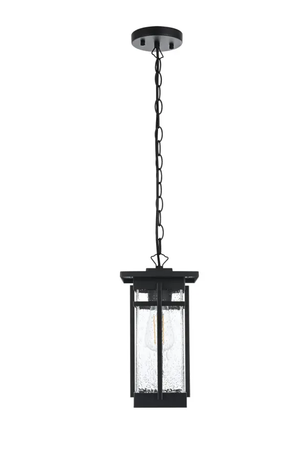 Dimensions
Chain/Rod Length: 39"
Length: 6.5"
Width: 6.5"
Height: 13.5"
Maximum Height: 53"
Wire Length: 59"
Specifications
Assembly Required: Yes
Bulb Included: No
Crystal/Glass Color: Clear
Dimmable: Yes
Distressed Finish: no
Dry/Wet/Damp: WET
ETL: Yes
Finish (Color): Black
Fixture Material: Iron and Glass
Hanging Device: Chain
Hardware Finish: Black
Harware Material: Iron
Max/Nominal Watt: 60W
Number of Lights: 1
Product Shape: Rectangle
Product Type: Outdoor Lighting
Product Warranty: 1 year limited
Socket Type: E26
Voltage: 110V
Wattage/Bulb: 60W
Weight: 5
Wire Included: Yes
Shipment type: Small Parcel