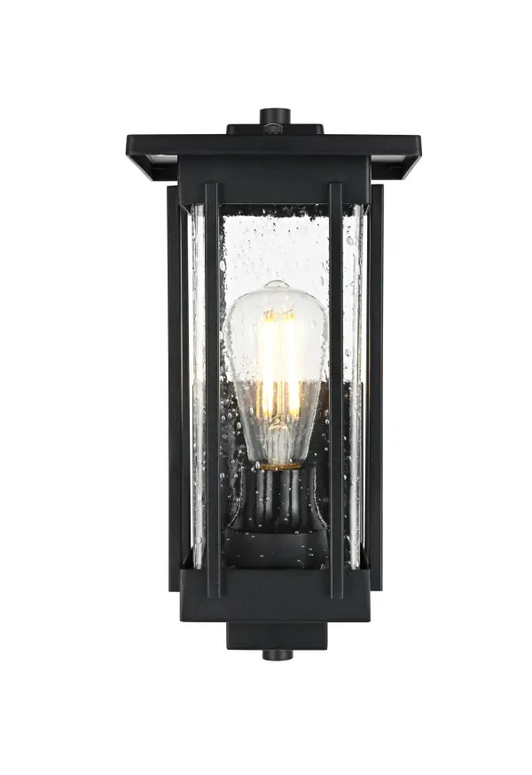 Dimensions
Width: 6.5"
Height: 13"
Extension: 7"
Wire Length: 12"
Specifications
Assembly Required: Yes
Bulb Included: No
Crystal/Glass Color: Clear
Dimmable: Yes
Distressed Finish: no
Dry/Wet/Damp: WET
ETL: Yes
Finish (Color): Black
Fixture Material: Iron and Glass
Hardware Finish: Black
Harware Material: Iron
Max/Nominal Watt: 60W
Number of Lights: 1
Product Shape: Rectangle
Product Type: Outdoor Lighting
Product Warranty: 1 year limited
Socket Type: E26
Voltage: 110V
Wattage/Bulb: 60W
Weight: 5
Wire Included: Yes
Shipment type: Small Parcel