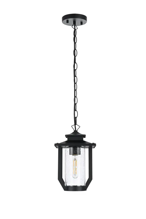 Dimensions
Chain/Rod Length: 39"
Length: 7"
Width: 7"
Height: 12.5"
Maximum Height: 52"
Wire Length: 59"
Specifications
Assembly Required: Yes
Bulb Included: No
Crystal/Glass Color: Clear
Dimmable: Yes
Distressed Finish: no
Dry/Wet/Damp: WET
ETL: Yes
Finish (Color): Black
Fixture Material: Iron and Glass
Hanging Device: Chain
Hardware Finish: Black
Harware Material: Iron
Max/Nominal Watt: 60W
Number of Lights: 1
Product Type: Outdoor Lighting
Product Warranty: 1 year limited
Socket Type: E26
Voltage: 110V
Wattage/Bulb: 60W
Weight: 4
Wire Included: Yes
Shipment type: Small Parcel