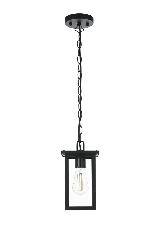 Dimensions
Chain/Rod Length: 39"
Length: 6"
Width: 6"
Height: 11"
Maximum Height: 50.5"
Wire Length: 59"
Specifications
Assembly Required: Yes
Bulb Included: No
Crystal/Glass Color: Clear
Dimmable: Yes
Distressed Finish: no
Dry/Wet/Damp: WET
ETL: Yes
Finish (Color): Black
Fixture Material: Iron and Glass
Hanging Device: Chain
Hardware Finish: Black
Harware Material: Iron
Max/Nominal Watt: 60W
Number of Lights: 1
Product Shape: Rectangle
Product Type: Outdoor Lighting
Product Warranty: 1 year limited
Socket Type: E26
Voltage: 110V
Wattage/Bulb: 60W
Weight: 4
Wire Included: Yes
Shipment type: Small Parcel