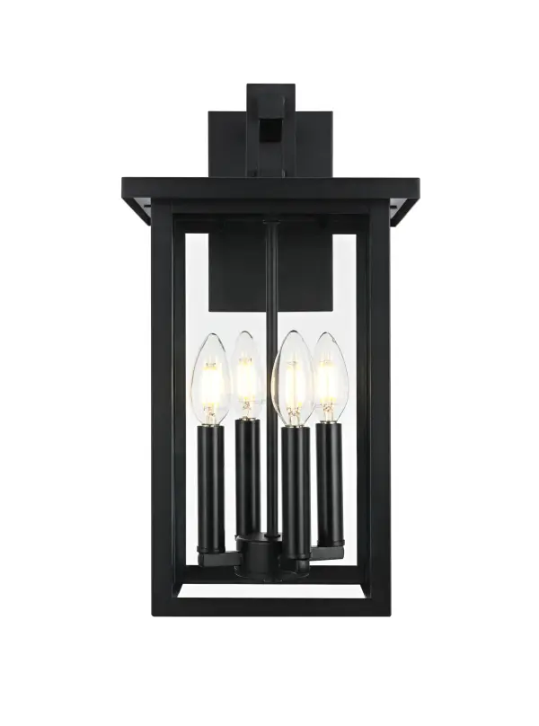 Dimensions
Length: 9"
Width: 9"
Height: 17"
Extension: 10"
Wire Length: 12"
Specifications
Assembly Required: Yes
Bulb Included: No
Crystal/Glass Color: Clear
Dimmable: Yes
Distressed Finish: no
Dry/Wet/Damp: WET
ETL: Yes
Finish (Color): Black
Fixture Material: Iron and Glass
Hardware Finish: Black
Harware Material: Iron
Max/Nominal Watt: 240W
Number of Lights: 4
Product Shape: Rectangle
Product Type: Outdoor Lighting
Product Warranty: 1 year limited
Socket Type: E12
Voltage: 110V
Wattage/Bulb: 60W
Weight: 8
Wire Included: Yes
Shipment type: Small Parcel
