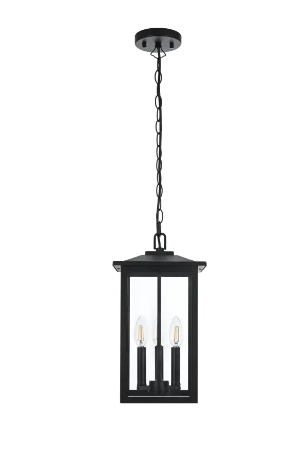 Dimensions
Chain/Rod Length: 39"
Length: 9"
Width: 9"
Height: 16.5"
Maximum Height: 56"
Wire Length: 59"
Specifications
Assembly Required: Yes
Bulb Included: No
Crystal/Glass Color: Clear
Dimmable: Yes
Distressed Finish: no
Dry/Wet/Damp: WET
ETL: Yes
Finish (Color): Black
Fixture Material: Iron and Glass
Hanging Device: Chain
Hardware Finish: Black
Harware Material: Iron
Max/Nominal Watt: 180W
Number of Lights: 3
Product Shape: Rectangle
Product Type: Outdoor Lighting
Product Warranty: 1 year limited
Socket Type: E12
Voltage: 110V
Wattage/Bulb: 60W
Weight: 7
Wire Included: Yes
Shipment type: Small Parcel