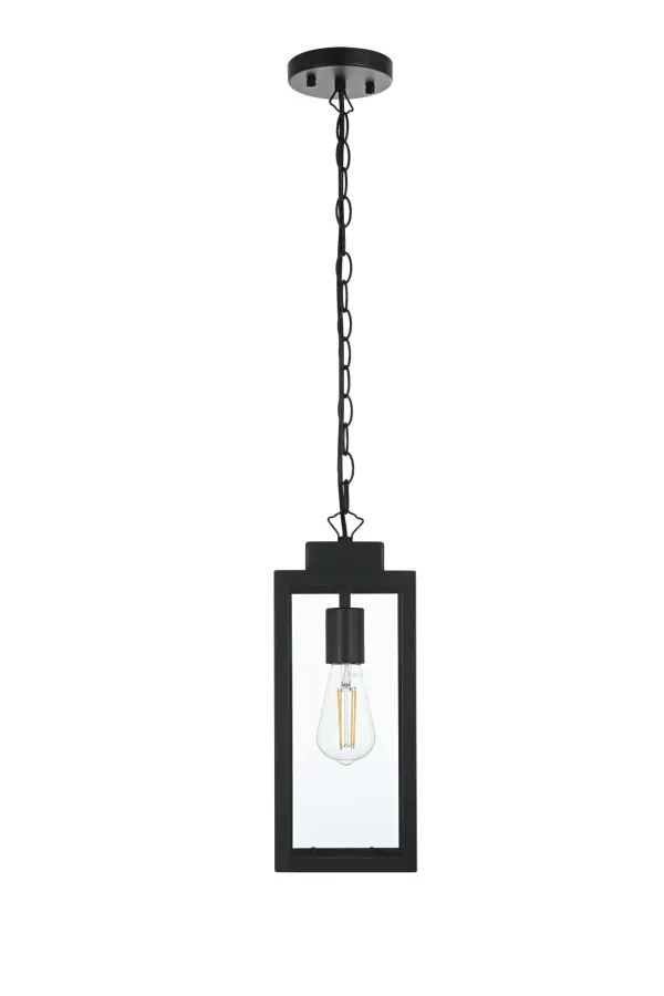Dimensions
Chain/Rod Length: 39"
Length: 6"
Width: 6"
Height: 15"
Maximum Height: 54.5"
Wire Length: 59"
Specifications
Assembly Required: Yes
Bulb Included: No
Crystal/Glass Color: Clear
Dimmable: Yes
Distressed Finish: no
Dry/Wet/Damp: WET
ETL: Yes
Finish (Color): Black
Fixture Material: Iron and Glass
Hanging Device: Chain
Hardware Finish: Black
Harware Material: Iron
Max/Nominal Watt: 60W
Number of Lights: 1
Product Shape: Rectangle
Product Type: Outdoor Lighting
Product Warranty: 1 year limited
Socket Type: E12
Voltage: 110V
Wattage/Bulb: 60W
Weight: 5
Wire Included: Yes
Shipment type: Small Parcel
