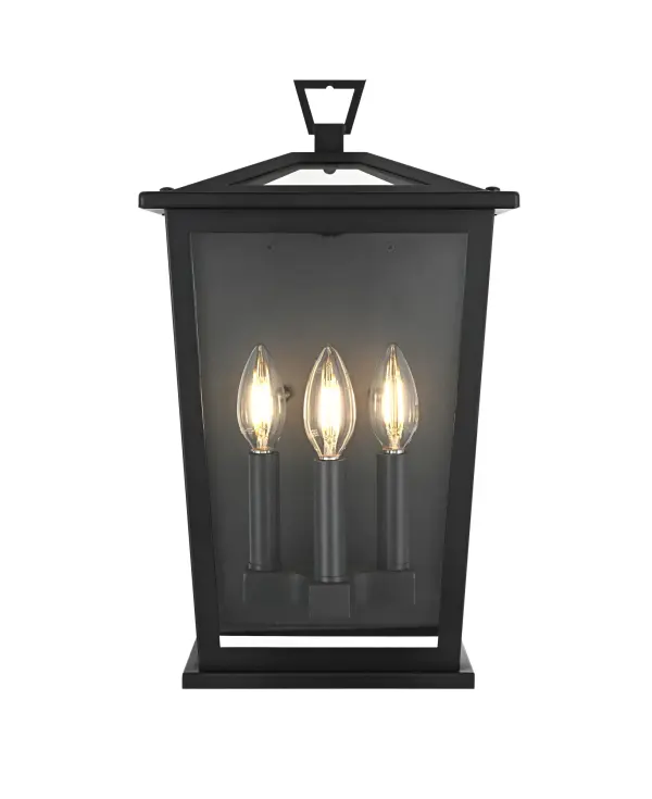 Dimensions
Width: 9.5"
Height: 16"
Extension: 7.5"
Wire Length: 12"
Specifications
Assembly Required: Yes
Bulb Included: No
Crystal/Glass Color: Clear
Dimmable: Yes
Distressed Finish: no
Dry/Wet/Damp: WET
ETL: Yes
Finish (Color): Black
Fixture Material: Iron and Glass
Hardware Finish: Black
Harware Material: Iron
Max/Nominal Watt: 180W
Number of Lights: 3
Product Type: Outdoor Lighting
Product Warranty: 1 year limited
Socket Type: E12
Voltage: 110V
Wattage/Bulb: 60W
Weight: 7
Wire Included: Yes
Shipment type: Small Parcel