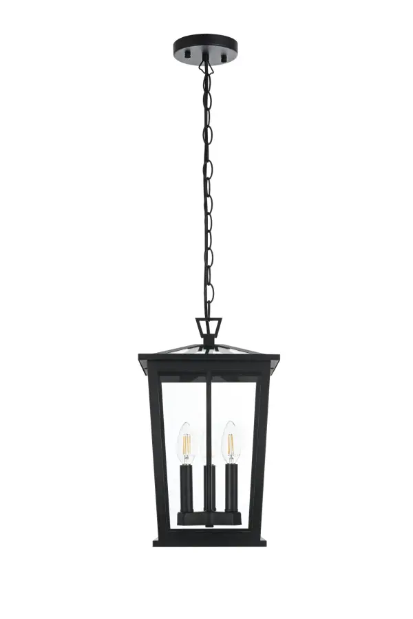 Dimensions
Chain/Rod Length: 39"
Length: 9.5"
Width: 9.5"
Height: 16"
Maximum Height: 55.5"
Wire Length: 59"
Specifications
Assembly Required: Yes
Bulb Included: No
Crystal/Glass Color: Clear
Dimmable: Yes
Distressed Finish: no
Dry/Wet/Damp: WET
ETL: Yes
Finish (Color): Black
Fixture Material: Iron and Glass
Hanging Device: Chain
Hardware Finish: Black
Harware Material: Iron
Max/Nominal Watt: 180W
Number of Lights: 3
Product Type: Outdoor Lighting
Product Warranty: 1 year limited
Socket Type: E12
Voltage: 110V
Wattage/Bulb: 60W
Weight: 8
Wire Included: Yes
Shipment type: Small Parcel