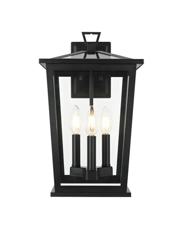 Dimensions
Length: 7"
Width: 9.5"
Height: 16"
Extension: 10.5"
Wire Length: 12"
Specifications
Assembly Required: Yes
Bulb Included: No
Crystal/Glass Color: Clear
Dimmable: Yes
Distressed Finish: no
Dry/Wet/Damp: WET
ETL: Yes
Finish (Color): Black
Fixture Material: Iron and Glass
Hardware Finish: Black
Harware Material: Iron
Max/Nominal Watt: 180W
Number of Lights: 3
Product Type: Outdoor Lighting
Product Warranty: 1 year limited
Socket Type: E12
Voltage: 110V
Wattage/Bulb: 60W
Weight: 8
Wire Included: Yes
Shipment type: Small Parcel