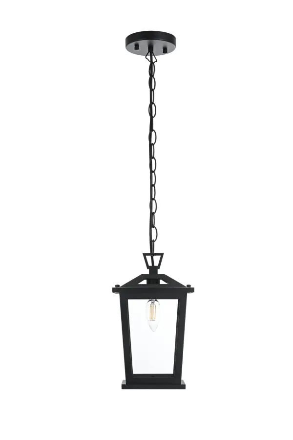 Dimensions
Chain/Rod Length: 39"
Length: 7"
Width: 5.5"
Height: 12"
Maximum Height: 51.5"
Wire Length: 59"
Specifications
Assembly Required: Yes
Bulb Included: No
Crystal/Glass Color: Clear
Dimmable: Yes
Distressed Finish: no
Dry/Wet/Damp: WET
ETL: Yes
Finish (Color): Black
Fixture Material: Iron and Glass
Hanging Device: Chain
Hardware Finish: Black
Harware Material: Iron
Max/Nominal Watt: 60W
Number of Lights: 1
Product Type: Outdoor Lighting
Product Warranty: 1 year limited
Socket Type: E12
Voltage: 110V
Wattage/Bulb: 60W
Weight: 4
Wire Included: Yes
Shipment type: Small Parcel