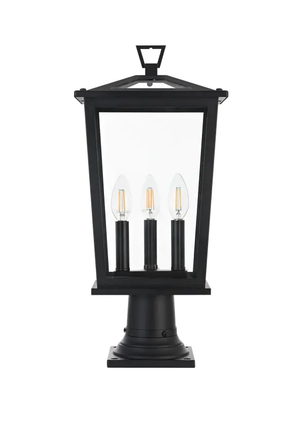 Dimensions
Length: 9.45"
Width: 7"
Height: 20.5"
Wire Length: 12"
Specifications
Assembly Required: Yes
Bulb Included: No
Crystal/Glass Color: Clear
Dimmable: Yes
Distressed Finish: no
Dry/Wet/Damp: WET
ETL: Yes
Finish (Color): Black
Fixture Material: Iron and Glass
Hardware Finish: Black
Harware Material: Iron
Max/Nominal Watt: 180W
Number of Lights: 3
Product Type: Outdoor Lighting
Product Warranty: 1 year limited
Socket Type: E12
Voltage: 110V
Wattage/Bulb: 60W
Weight: 7
Wire Included: Yes
Shipment type: Small Parcel