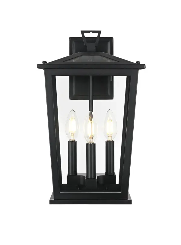 Dimensions
Length: 8.5"
Width: 9.45"
Height: 16"
Extension: 8.5"
Wire Length: 12"
Specifications
Assembly Required: Yes
Bulb Included: No
Crystal/Glass Color: Clear
Dimmable: Yes
Distressed Finish: no
Dry/Wet/Damp: WET
ETL: Yes
Finish (Color): Black
Fixture Material: Iron and Glass
Hardware Finish: Black
Harware Material: Iron
Max/Nominal Watt: 180W
Number of Lights: 3
Product Type: Outdoor Lighting
Product Warranty: 1 year limited
Socket Type: E12
Voltage: 110V
Wattage/Bulb: 60W
Weight: 7
Wire Included: Yes
Shipment type: Small Parcel