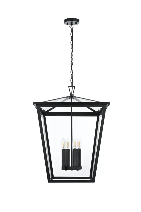 Dimensions
Chain/Rod Length: 39"
Length: 20"
Width: 20"
Height: 27"
Maximum Height: 66.5"
Wire Length: 59"
Specifications
Assembly Required: Yes
Bulb Included: No
Crystal/Glass Color: Clear
Dimmable: Yes
Distressed Finish: no
Dry/Wet/Damp: WET
ETL: Yes
Finish (Color): Black
Fixture Material: Iron and Glass
Hanging Device: Chain
Hardware Finish: Black
Harware Material: Iron
Max/Nominal Watt: 240W
Number of Lights: 4
Product Type: Outdoor Lighting
Product Warranty: 1 year limited
Socket Type: E12
Voltage: 110V
Wattage/Bulb: 60W
Weight: 23
Wire Included: Yes
Shipment type: Small Parcel