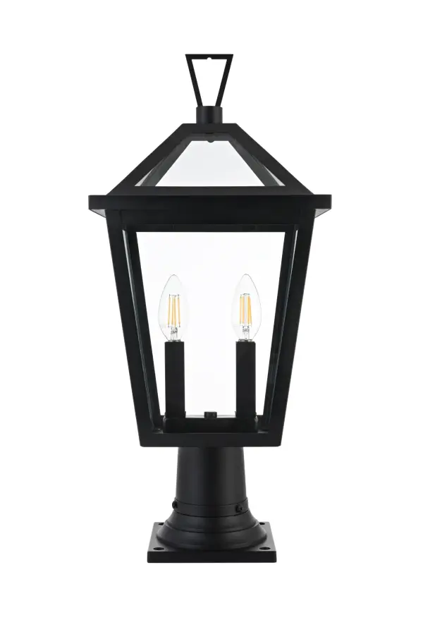 Dimensions
Length: 10"
Width: 10"
Height: 22"
Wire Length: 12"
Specifications
Assembly Required: Yes
Bulb Included: No
Crystal/Glass Color: Clear
Dimmable: Yes
Distressed Finish: no
Dry/Wet/Damp: WET
ETL: Yes
Finish (Color): Black
Fixture Material: Iron and Glass
Hardware Finish: Black
Harware Material: Iron
Max/Nominal Watt: 120W
Number of Lights: 2
Product Type: Outdoor Lighting
Product Warranty: 1 year limited
Socket Type: E12
Voltage: 110V
Wattage/Bulb: 60W
Weight: 8
Wire Included: Yes
Shipment type: Small Parcel