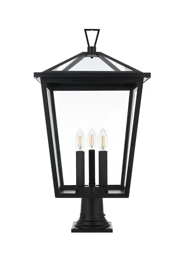 Dimensions
Length: 14"
Width: 14"
Height: 27.5"
Wire Length: 12"
Specifications
Assembly Required: Yes
Bulb Included: No
Crystal/Glass Color: Clear
Dimmable: Yes
Distressed Finish: no
Dry/Wet/Damp: WET
ETL: Yes
Finish (Color): Black
Fixture Material: Iron and Glass
Hardware Finish: Black
Harware Material: Iron
Max/Nominal Watt: 180W
Number of Lights: 3
Product Type: Outdoor Lighting
Product Warranty: 1 year limited
Socket Type: E12
Voltage: 110V
Wattage/Bulb: 60W
Weight: 14
Wire Included: Yes
Shipment type: Small Parcel