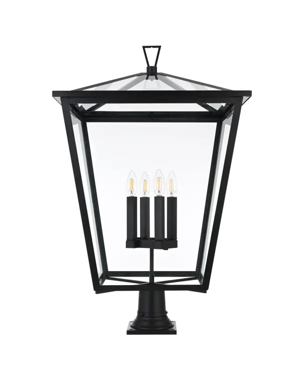 Dimensions
Length: 20"
Width: 20"
Height: 32.5"
Wire Length: 12"
Specifications
Assembly Required: Yes
Bulb Included: No
Crystal/Glass Color: Clear
Dimmable: Yes
Distressed Finish: no
Dry/Wet/Damp: WET
ETL: Yes
Finish (Color): Black
Fixture Material: Iron and Glass
Hardware Finish: Black
Harware Material: Iron
Max/Nominal Watt: 240W
Number of Lights: 4
Product Type: Outdoor Lighting
Product Warranty: 1 year limited
Socket Type: E12
Voltage: 110V
Wattage/Bulb: 60W
Weight: 24
Wire Included: Yes
Shipment type: Small Parcel