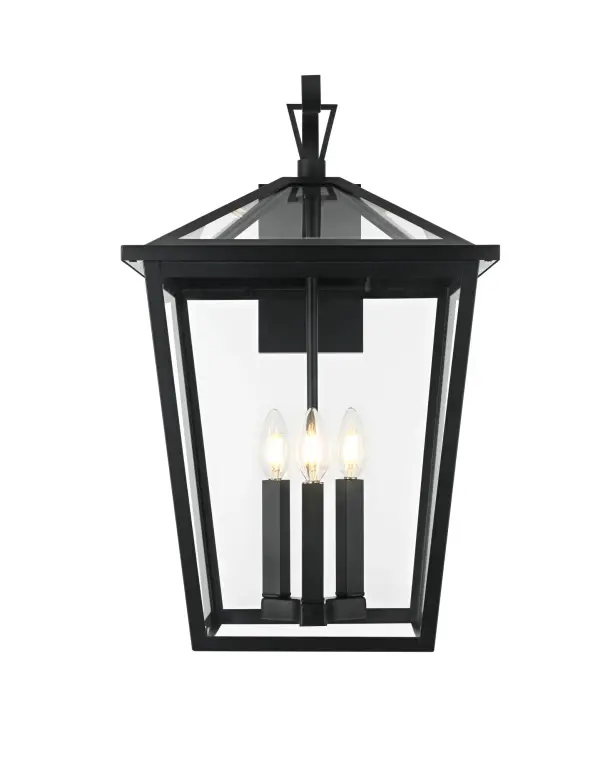Dimensions
Length: 12"
Width: 14"
Height: 23"
Extension: 16"
Wire Length: 12"
Specifications
Assembly Required: Yes
Bulb Included: No
Crystal/Glass Color: Clear
Dimmable: Yes
Distressed Finish: no
Dry/Wet/Damp: WET
ETL: Yes
Finish (Color): Black
Fixture Material: Iron and Glass
Hardware Finish: Black
Harware Material: Iron
Max/Nominal Watt: 180W
Number of Lights: 3
Product Type: Outdoor Lighting
Product Warranty: 1 year limited
Socket Type: E12
Voltage: 110V
Wattage/Bulb: 60W
Weight: 14
Wire Included: Yes
Shipment type: Small Parcel