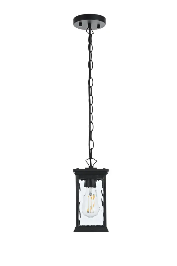 Dimensions
Chain/Rod Length: 39"
Length: 5"
Width: 5"
Height: 10.5"
Maximum Height: 50"
Wire Length: 59"
Specifications
Assembly Required: Yes
Bulb Included: No
Crystal/Glass Color: Clear
Dimmable: Yes
Distressed Finish: no
Dry/Wet/Damp: WET
ETL: Yes
Finish (Color): Black
Fixture Material: Aluminum and Glass
Hanging Device: Chain
Hardware Finish: Black
Harware Material: Aluminum
Max/Nominal Watt: 60W
Number of Lights: 1
Product Shape: Rectangle
Product Type: Outdoor Lighting
Product Warranty: 1 year limited
Socket Type: E26
Voltage: 110V
Wattage/Bulb: 60W
Weight: 3
Wire Included: Yes
Shipment type: Small Parcel