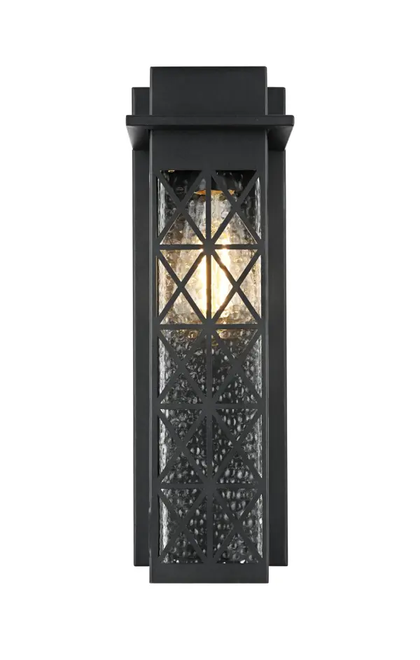 Dimensions
Width: 5"
Height: 15"
Extension: 5"
Wire Length: 12"
Specifications
Assembly Required: Yes
Bulb Included: No
Crystal/Glass Color: Clear
Dimmable: Yes
Distressed Finish: no
Dry/Wet/Damp: WET
ETL: Yes
Finish (Color): Black
Fixture Material: Iron and Glass
Hardware Finish: Black
Harware Material: Iron
Max/Nominal Watt: 60W
Number of Lights: 1
Product Shape: Rectangle
Product Type: Outdoor Lighting
Product Warranty: 1 year limited
Socket Type: E26
Voltage: 110V
Wattage/Bulb: 60W
Weight: 4
Wire Included: Yes
Shipment type: Small Parcel