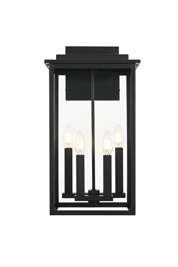 Dimensions
Width: 11"
Height: 21"
Extension: 8"
Wire Length: 20"
Specifications
Assembly Required: Yes
Bulb Included: No
Crystal/Glass Color: Clear
Dimmable: Yes
Distressed Finish: no
Dry/Wet/Damp: WET
ETL: Yes
Finish (Color): Black
Fixture Material: Iron and Glass
Hardware Finish: Black
Harware Material: Iron
Max/Nominal Watt: 160W
Number of Lights: 4
Product Shape: Square
Product Type: Outdoor Lighting
Product Warranty: 1 year limited
Socket Type: E12
Voltage: 110V
Wattage/Bulb: 40W
Weight: 13
Wire Included: Yes
Shipment type: Small Parcel