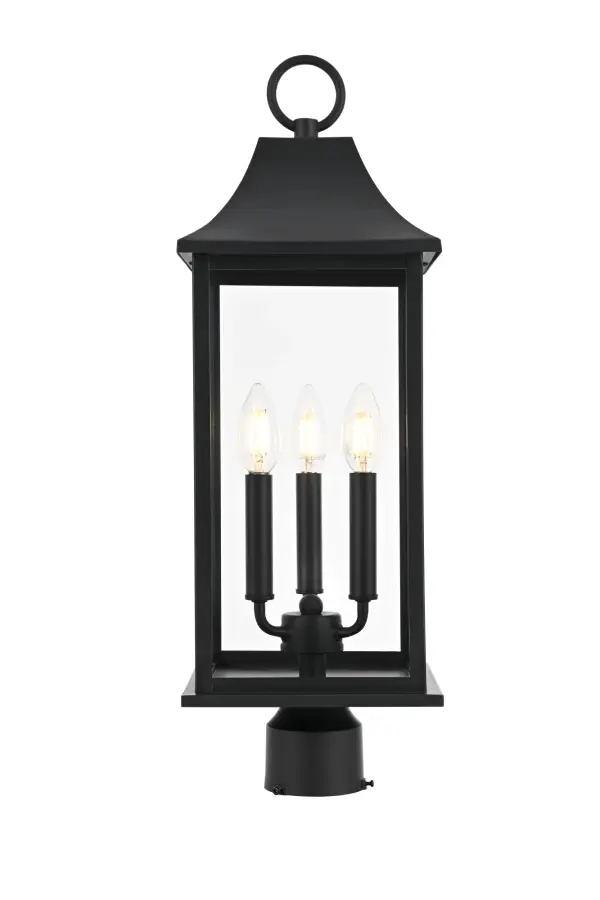 Dimensions
Width: 8"
Height: 23.5"
Extension: 8"
Wire Length: 8"
Specifications
Assembly Required: Yes
Bulb Included: No
Crystal/Glass Color: Clear
Dimmable: Yes
Distressed Finish: no
Dry/Wet/Damp: WET
ETL: Yes
Finish (Color): Black
Fixture Material: Iron and Glass
Hardware Finish: Black
Harware Material: Iron
Max/Nominal Watt: 120W
Number of Lights: 3
Product Shape: Square
Product Type: Outdoor Lighting
Product Warranty: 1 year limited
Socket Type: E12
Voltage: 110V
Wattage/Bulb: 40W
Weight: 8
Wire Included: Yes
Shipment type: Small Parcel