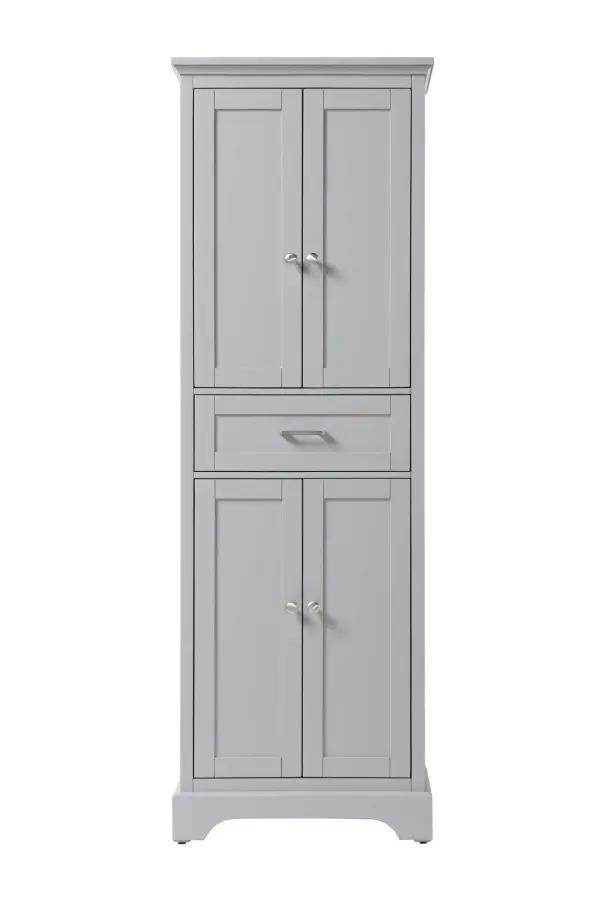Specification Sheet
Dimensions
Length: 24"
Width: 20"
Height: 72"
Table Top Width: 24"
Specifications
Assembly Required: NO
Distressed Finish: NO
Finish (Color): Grey
Cabinet Material: Solid Wood and MDF
Hardware Finish: Brushed nickel
Harware Material: Aluminum alloy
Product Shape: Rectangle
Product Type: Bathroom Storage Cabinet
Product Warranty: 1 year limited
158
Wire Included: No
Wood Type: Rubberwood
Shipment type: LTL
Drawers
Drawers Included: Yes
Number of Drawers: 1
False Drawers: NO
Drawer Width: 19.8
Drawer Depth: 14
Drawer Height: 7
Drawer Handle Designs: Bar pulls
Shelves
Number of Shelves: 2
Shelf Width: 20.1
Cabinets
Number of Cabinets: 2
Cabinet Interior Width: 20.1
Cabinet Interior Depth: 19.6
Cabinet Interior Height: 27.6
