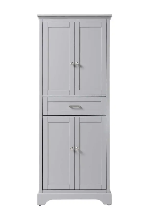 Specification Sheet
Dimensions
Length: 28"
Width: 20"
Height: 72"
Table Top Width: 28"
Specifications
Assembly Required: NO
Distressed Finish: NO
Finish (Color): Grey
Cabinet Material: Solid Wood and MDF
Hardware Finish: Brushed nickel
Harware Material: Aluminum alloy
Product Shape: Rectangle
Product Type: Bathroom Storage Cabinet
Product Warranty: 1 year limited
172
Wire Included: No
Wood Type: Rubberwood
Shipment type: LTL
Drawers
Drawers Included: Yes
Number of Drawers: 1
False Drawers: NO
Drawer Width: 23.8
Drawer Depth: 14
Drawer Height: 7
Drawer Handle Designs: Bar pulls
Shelves
Number of Shelves: 2
Shelf Width: 24.1
Cabinets
Number of Cabinets: 2
Cabinet Interior Width: 24.1
Cabinet Interior Depth: 19.6
Cabinet Interior Height: 27.6