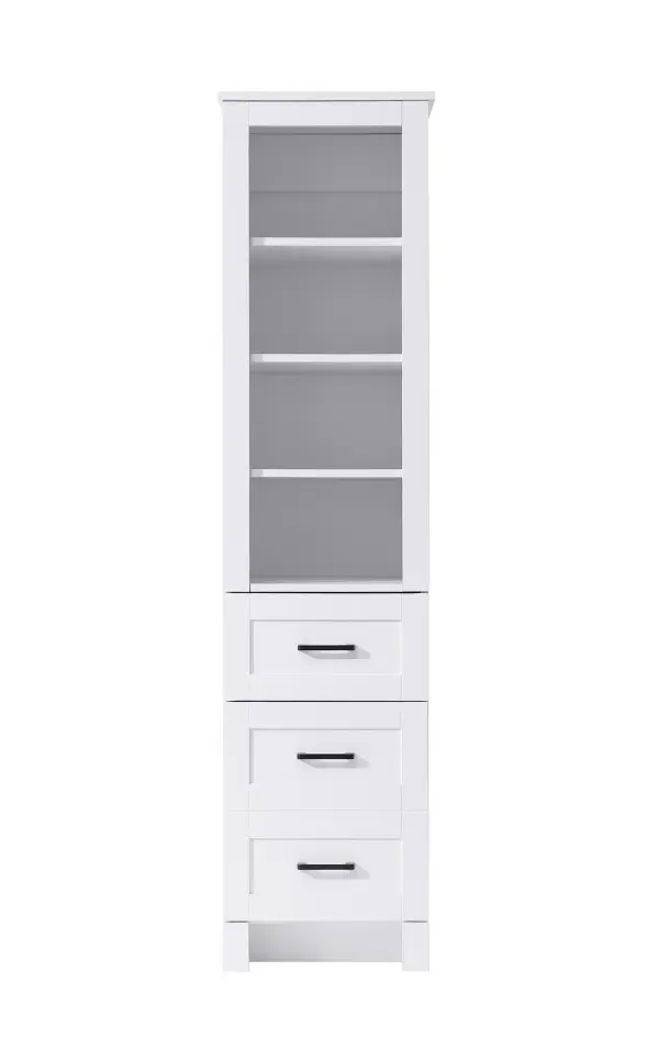 Specification Sheet
Dimensions
Length: 16"
Width: 18"
Height: 65"
Table Top Width: 16"
Specifications
Assembly Required: NO
Distressed Finish: NO
Finish (Color): White
Cabinet Material: MDF
Hardware Finish: Black
Harware Material: Metal
Product Shape: Rectangle
Product Type: Bathroom Storage Cabinet
Product Warranty: 1 year limited
108
Wire Included: No
Shipment type: LTL
Drawers
Drawers Included: YES
Number of Drawers: 2
False Drawers: NO
Drawer Width: 15.16
Drawer Depth: 12.4
Drawer Height: DW1:8.03
DW2:16.14
Drawer Handle Designs: Bar pull
Shelves
Number of Shelves: 3
Shelf Width: 13.9
Cabinets
Number of Cabinets: 1
Cabinet Interior Width: 13.9
Cabinet Interior Depth: 16.89
Cabinet Interior Height: 35.65