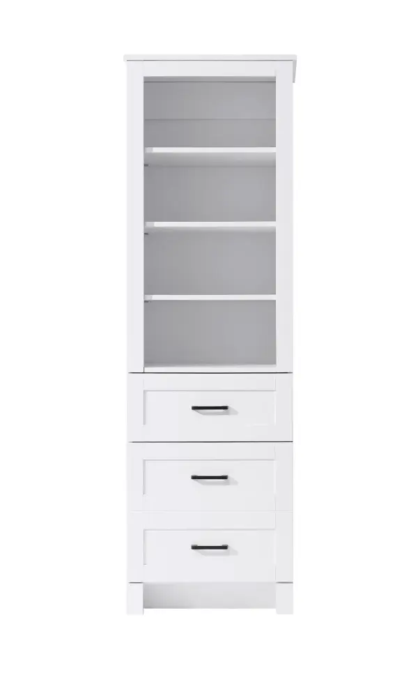 Specification Sheet
Dimensions
Length: 20"
Width: 18"
Height: 65"
Table Top Width: 20"
Specifications
Assembly Required: NO
Distressed Finish: NO
Finish (Color): White
Cabinet Material: MDF
Hardware Finish: Black
Harware Material: Metal
Product Shape: Rectangle
Product Type: Bathroom Storage Cabinet
Product Warranty: 1 year limited
121
Wire Included: No
Shipment type: LTL
Drawers
Drawers Included: YES
Number of Drawers: 2
False Drawers: NO
Drawer Width: 19.21
Drawer Depth: 12.4
Drawer Height: DW1:8.03
DW2:16.14
Drawer Handle Designs: Bar pull
Shelves
Number of Shelves: 3
Shelf Width: 17.95
Cabinets
Number of Cabinets: 1
Cabinet Interior Width: 17.95
Cabinet Interior Depth: 16.89
Cabinet Interior Height: 35.65