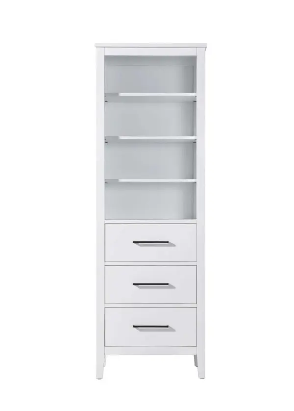 Dimensions
Length: 24"
Width: 18"
Height: 72"
Extension:
Depth:
Table Top Width: 24"
Specifications
Assembly Required: NO
Distressed Finish: NO
Finish (Color): White
Cabinet Material: MDF and Solid wood
Hardware Finish: Black
Harware Material: Aluminum alloy
Product Shape: Rectangle
Product Type: Bathroom Storage Cabinet
Product Warranty: 1 year limited
150
Wire Included: No
Wood Type: rubberwood
Shipment type: LTL
Drawers
Drawers Included: YES
Number of Drawers: 3
False Drawers: NO
Drawer Width: 19.375
Drawer Depth: 15.125
Drawer Height: 8.375
Drawer Handle Designs: Bar pull
Shelves
Number of Shelves: 3
Shelf Width: 21.25
Cabinets
Number of Cabinets: 0
Cabinet Interior Width:
Cabinet Interior Depth:
Cabinet Interior Height: