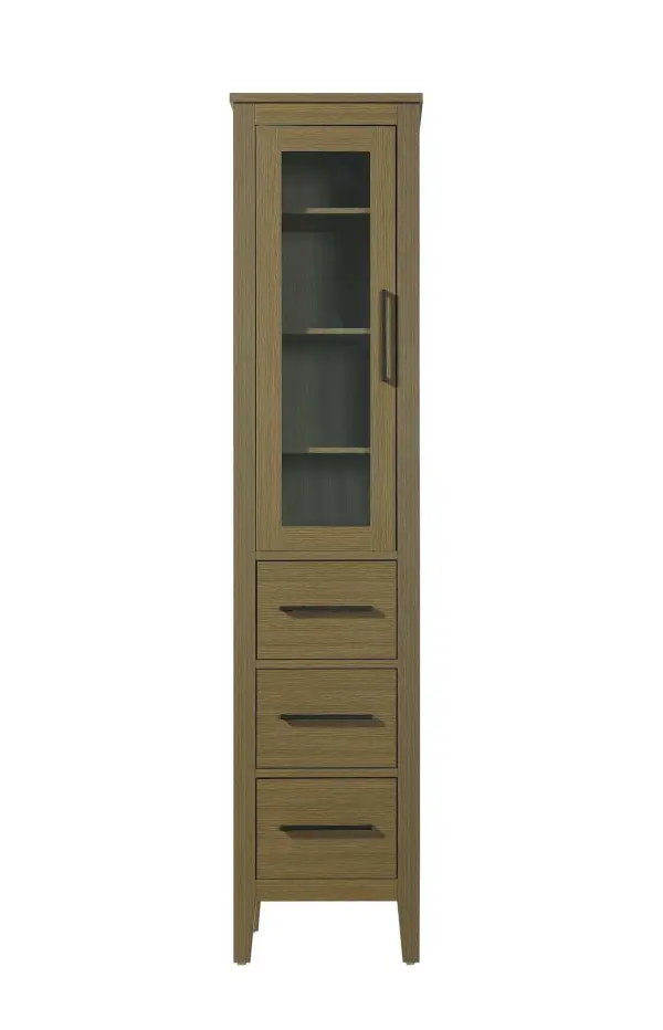 Dimensions
Length: 16"
Width: 18"
Height: 72"
Extension:
Depth:
Table Top Width: 16"
Specifications
Assembly Required: NO
Distressed Finish: NO
Finish (Color): Chestnut Brown
Cabinet Material: MDF and Solid wood and glass
Hardware Finish: Black
Harware Material: Aluminum alloy
Product Shape: Rectangle
Product Type: Bathroom Storage Cabinet
Product Warranty: 1 year limited
125
Wire Included: No
Wood Type: rubberwood
Shipment type: LTL
Drawers
Drawers Included: YES
Number of Drawers: 3
False Drawers: NO
Drawer Width: 11.25
Drawer Depth: 15.125
Drawer Height: 8.375
Drawer Handle Designs: Bar pull
Shelves
Number of Shelves: 3
Shelf Width: 13.25
Cabinets
Number of Cabinets: 1
Cabinet Interior Width: 11.25
Cabinet Interior Depth: 17.32
Cabinet Interior Height: 35.25