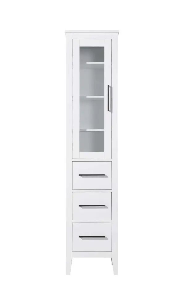 Dimensions
Length: 16"
Width: 18"
Height: 72"
Extension:
Depth:
Table Top Width: 16"
Specifications
Assembly Required: NO
Distressed Finish: NO
Finish (Color): White
Cabinet Material: MDF and Solid wood and glass
Hardware Finish: Black
Harware Material: Aluminum alloy
Product Shape: Rectangle
Product Type: Bathroom Storage Cabinet
Product Warranty: 1 year limited
125
Wire Included: No
Wood Type: rubberwood
Shipment type: LTL
Drawers
Drawers Included: YES
Number of Drawers: 3
False Drawers: NO
Drawer Width: 11.25
Drawer Depth: 15.125
Drawer Height: 8.375
Drawer Handle Designs: Bar pull
Shelves
Number of Shelves: 3
Shelf Width: 13.25
Cabinets
Number of Cabinets: 1
Cabinet Interior Width: 11.25
Cabinet Interior Depth: 17.32
Cabinet Interior Height: 35.25