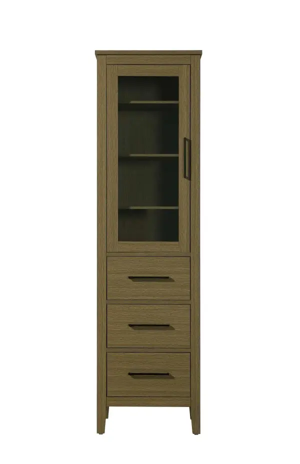 Dimensions
Length: 20"
Width: 18"
Height: 72"
Extension:
Depth:
Table Top Width: 20"
Specifications
Assembly Required: NO
Distressed Finish: NO
Finish (Color): Chestnut Brown
Cabinet Material: MDF and Solid wood and glass
Hardware Finish: Black
Harware Material: Aluminum alloy
Product Shape: Rectangle
Product Type: Bathroom Storage Cabinet
Product Warranty: 1 year limited
143
Wire Included: No
Wood Type: rubberwood
Shipment type: LTL
Drawers
Drawers Included: YES
Number of Drawers: 3
False Drawers: NO
Drawer Width: 15.375
Drawer Depth: 15.125
Drawer Height: 8.375
Drawer Handle Designs: Bar pull
Shelves
Number of Shelves: 3
Shelf Width: 17.25
Cabinets
Number of Cabinets: 1
Cabinet Interior Width: 15.375
Cabinet Interior Depth: 17.32
Cabinet Interior Height: 35.25